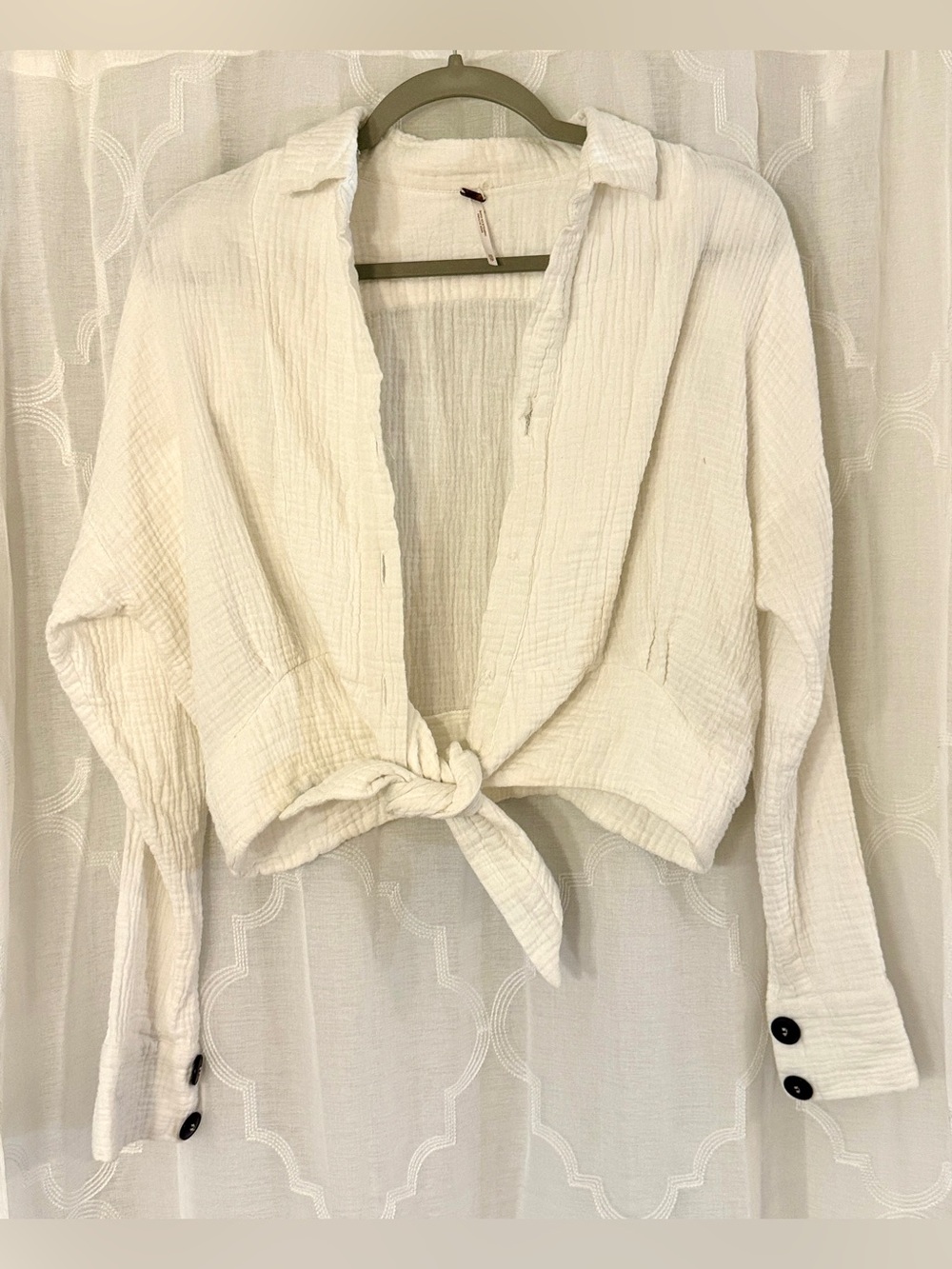 Free People XS Cream Gauze Tie Front Long Sleeve Top Boho
